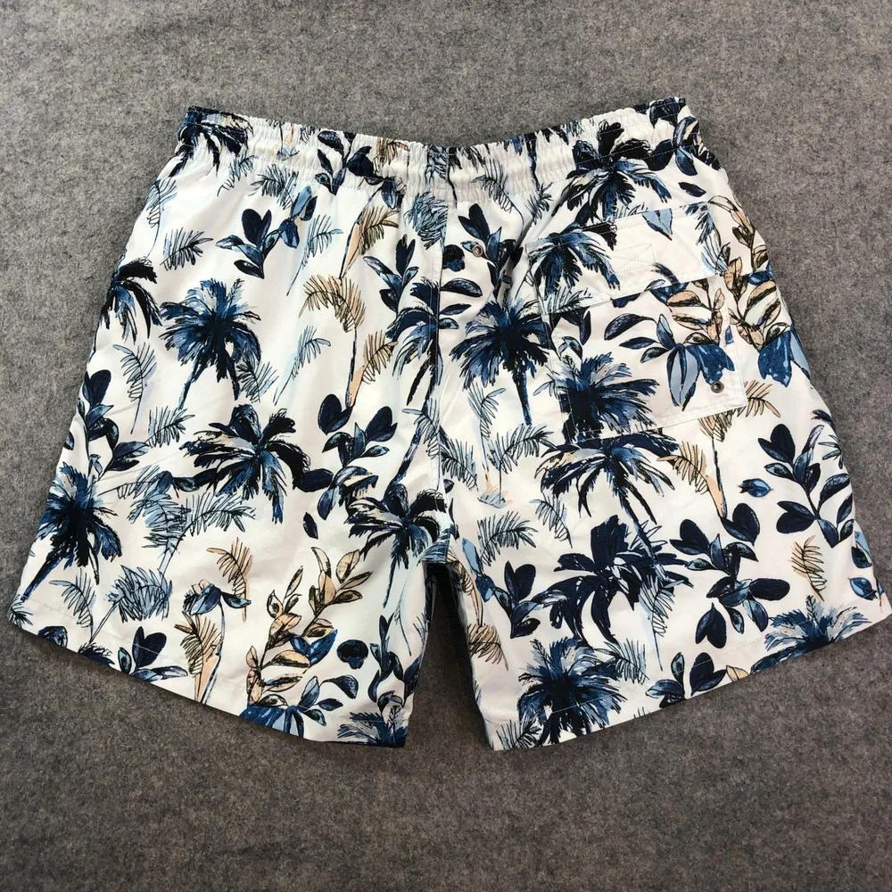 Rodd & Gunn Mens Swim Trunks XL Tropical Palm Tree Print White Navy Blue